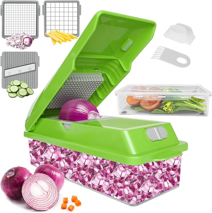 LHS Professional Multifunctional Vegetable Chopper Pro Food Chopper with Food Storage Containers, Mandoline Slicer Onion Dicer Fruit Cutter, Kitchen Gadgets and Home Essentials(5 in 1, Green)