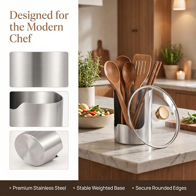 Multi-functional Kitchen Utensil Holder, Heavy Duty Stainless Steel Countertop Organizer for Pot Lids, Spatulas, Ladles and Cutting Boards, Vertical Spoon Rest Rack with Lid Storage (1Pc)
