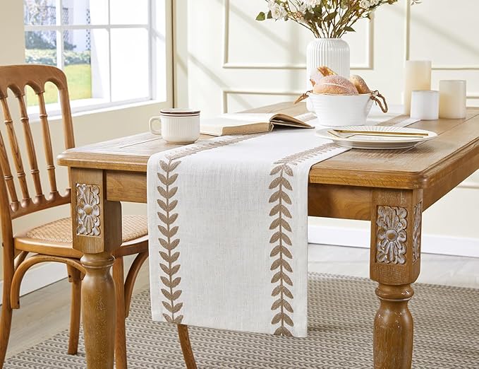 Wracra Embroidered Fall Table Runner Irregular Willow Leaf Table Runners 48 Inches Long for Dresser Home Dining Table Decor,14 x 48 Inch, Taupe