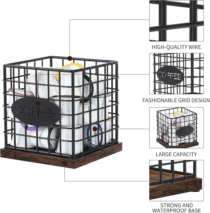 YINMIT K Cup Holder Organizer, Sturdy Coffee Pod Holder Organizer, 35 Kcup Large Capacity Storage Basket for Kitchen Counter and Office Desktop (Square Grid)