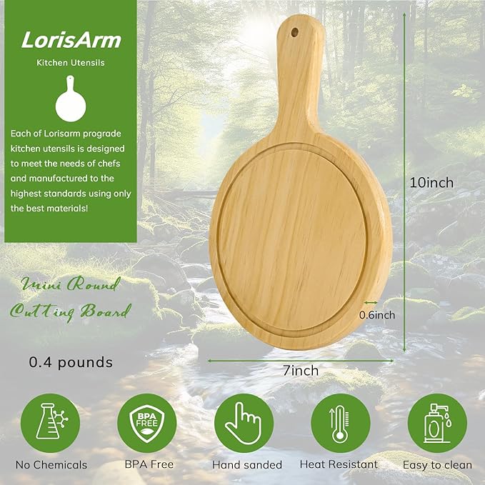 LorisArm 7" Mini Pine Wood Cutting Board with Handle, Small Serving board Wooden Round Pizza Peel Paddle for Homemade Baking Pizza Bread Cake Fruit Vegetables.