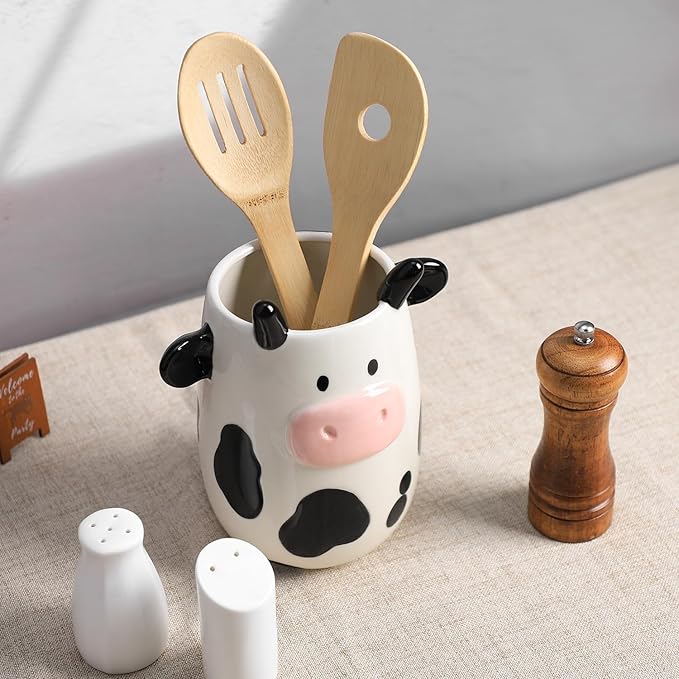 Ceramic Cartoon Cow Shaped Kitchen Utensil Holder, Large Cooking Utensil Crocks, Ceramic Utensil Organizer for Spatula, Kitchen, Home Decoration