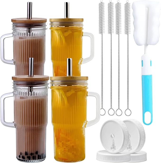 Ribbed Glass Cups with Bamboo Lids and Straws, Iced Coffee Tumbler with Handle, Mason Jar with Lid 24oz - Wide Mouth Drinking Glasses, Boba Cup Smoothie Tumbler Iced Coffee Cups, 2pack (Retro)