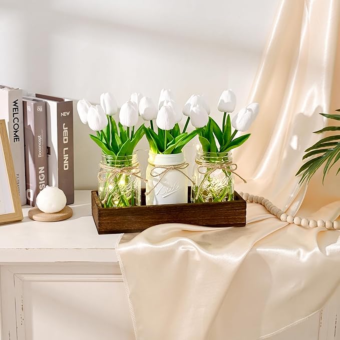 BLEUM CADE Mason Jar Centerpiece Table Decorations, Mason Jar Lights Centerpiece for Kitchen Dining Table Farmhouse Coffee Table Wedding Home Decor with 3 Jars Tulips Artificial Flowers & Wood Tray