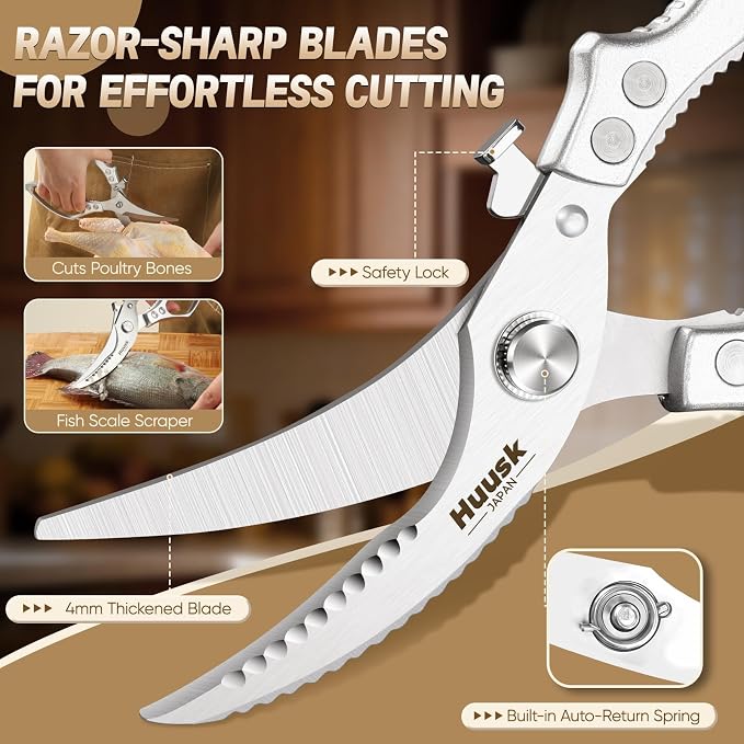 Huusk Heavy Duty Kitchen Scissors Set – All Purpose Japanese Poultry Shears for Chicken, Meat, Fish, Vegetables & Pizza with Ergonomic Non-Slip Silver Handle, Gifts for Women Men