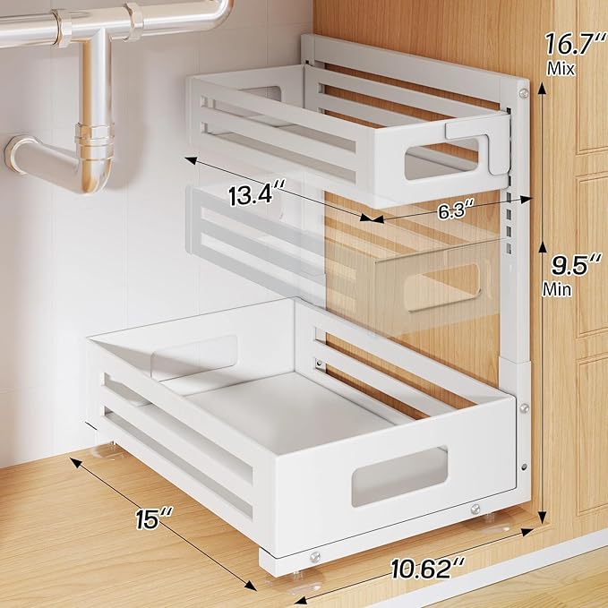 2 Pack Under Sink Organizer,Pull Out Cabinet Organizer With Smooth Cylindrical Rail,Metal Slide Out Drawer for Kitchen Bathroom Laundry Cabinet,8-Level Tool Free Height Adjustable-White