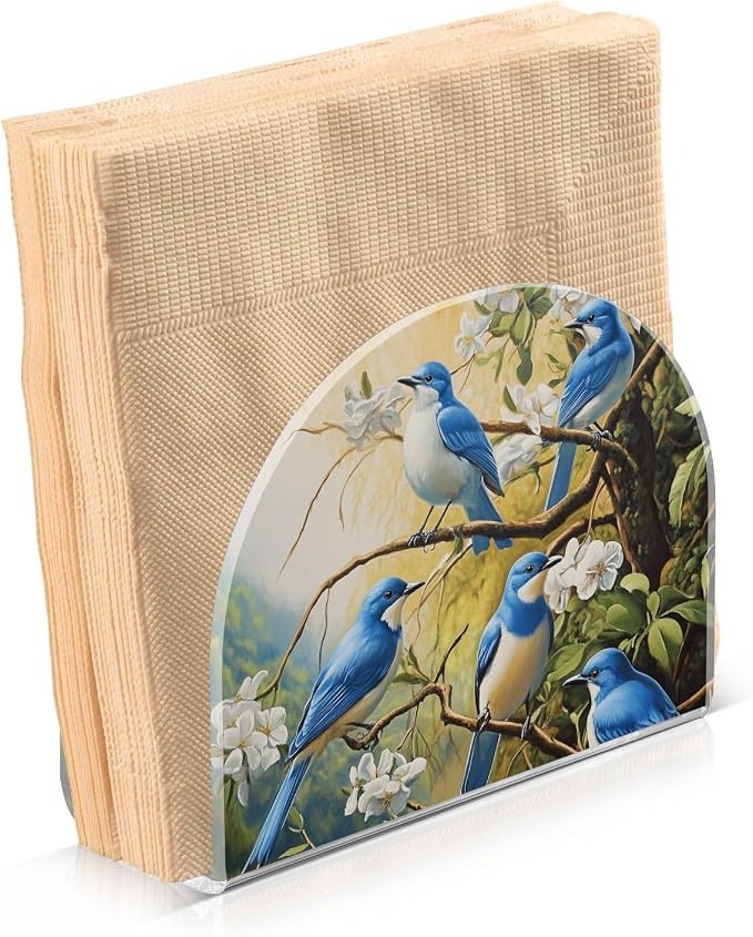 Fustylead Blue Bird White Flower Patterned Napkin Holder for Table Acrylic Vertical Napkin Holders for Paper Napkins Decor Napkin Dispenser for Home Party Dining Cocktail Kitchen Accessories, 2 PC