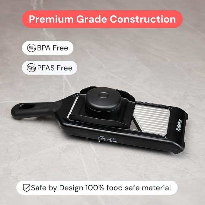 Fullstar 2-in-1 Handheld Mandoline Slicer for Kitchen - 4 Thickness Settings Vegetable Food Onion Slicer, Sharp Julienne Blade, Stainless Steel Guard, Easy to Use, Veggie Slicer & Fruit Cutter (Black)