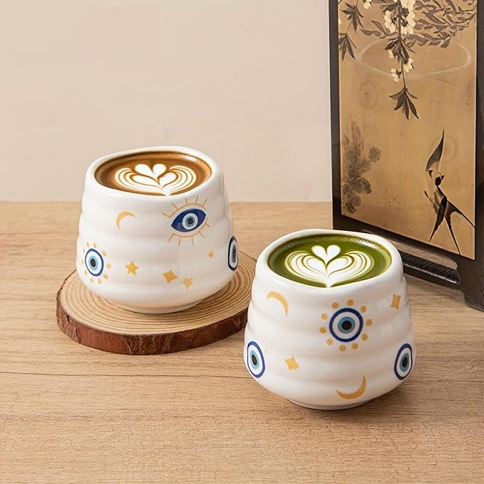 4pcs Japanese Tea Cup Set – Mini Size Cup 5OZ Ceramic Matcha Cup, Handless Espresso Cups, Cute Small Porcelain Coffee Mugs, for Coffee Tea Lovers, Dishwasher & Microwave Safe (Evil Eye)