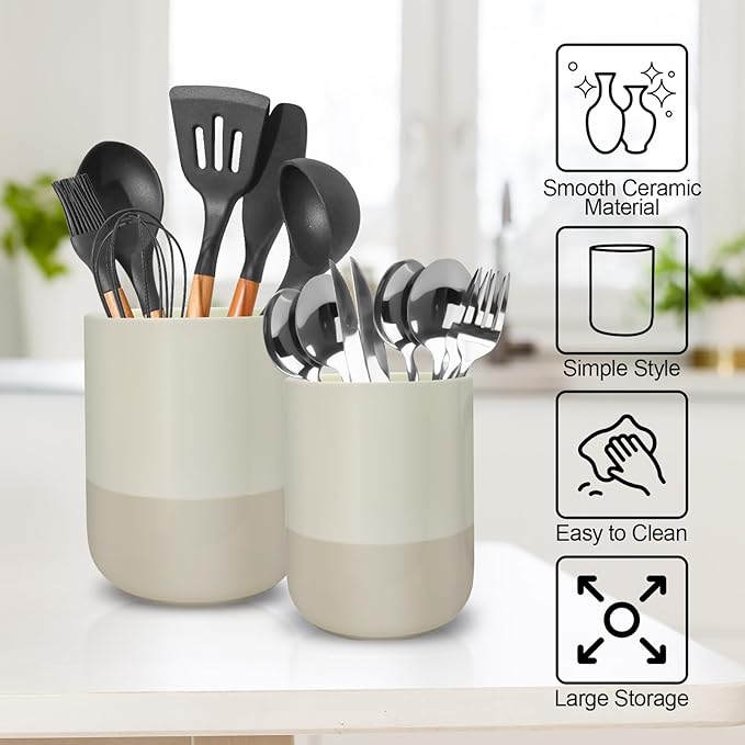 Ceramic Utensil Holder for Kitchen Counter, Black Kitchen Utensil Holder for Countertop, 2 Pcs Cooking Utensil Crocks for Spatula, Spoon, Forks, Plant (white-brown)