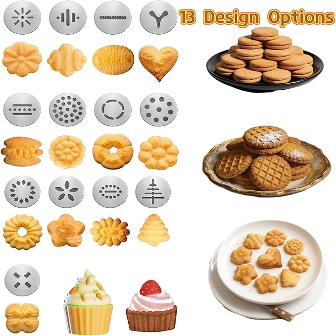 Stainless Steel Cookie Press Gun Kit with 13 Discs & 8 Piping Tips, Easy-to-Use Biscuit & Icing Gun for Baking and Cake Decorating, Perfect for DIY Christmas Cookies and Pastries.