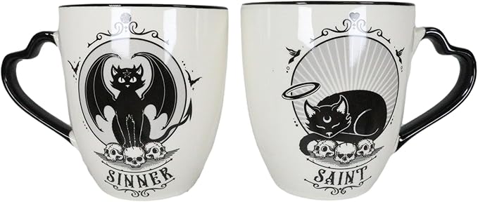 Ebros Gift Set Of 2 Gothic Wicca Saint Or Sinner Feline Cats Witching Hour Double Walled Bone China Porcelain Coffee Mugs Tea Drink Cups Alchemy Magic Occult Serveware Drinkware
