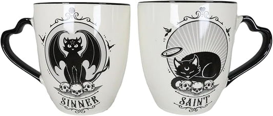 Ebros Gift Set Of 2 Gothic Wicca Saint Or Sinner Feline Cats Witching Hour Double Walled Bone China Porcelain Coffee Mugs Tea Drink Cups Alchemy Magic Occult Serveware Drinkware