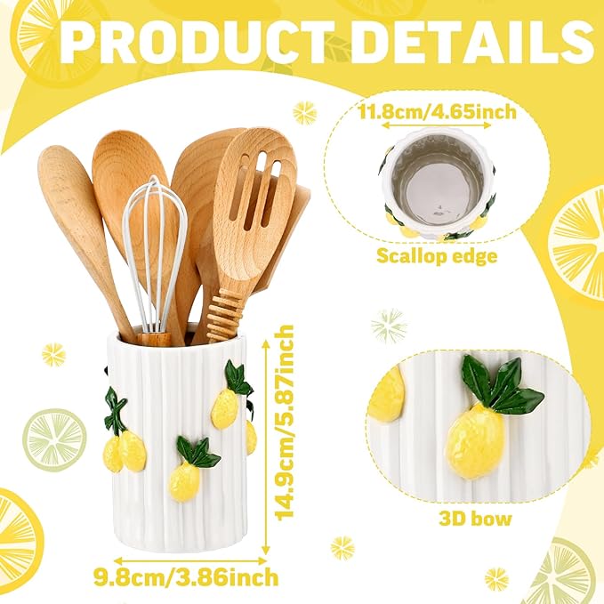 LemonRoad Lemon Kitchen Decor Ceramic Utensil Holder 3D Handmade Lemon Cooking Utensil Crock with Scalloped Edge Design Preppy Storage Caddy Organizer Vase Decor for Christmas Kitchen Countertop Gift