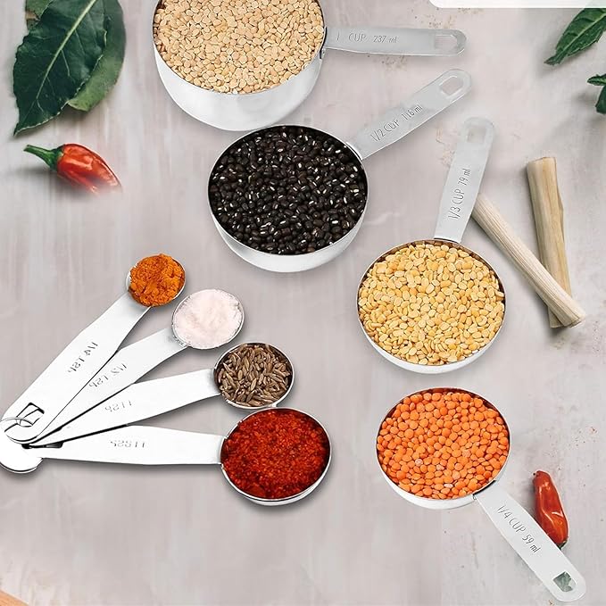 Stainless Steel Measuring Cups and Spoons Set, 8 Piece Professional Baking and Cooking Set with Engraved Measures, 4 Stackable Cups and 4 Stackable Spoons (Set of 8)