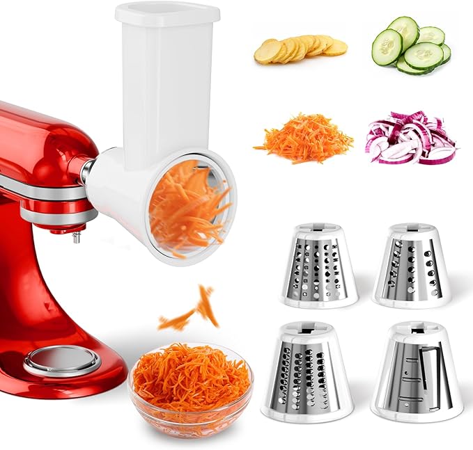 Slicer Shredder Attachment for KitchenAid Stand Mixer, Cheese Grater Attachment for Kitchenaid, Salad Maker, Grinding Powder, Dishwasher Safe with 4 Blades, White