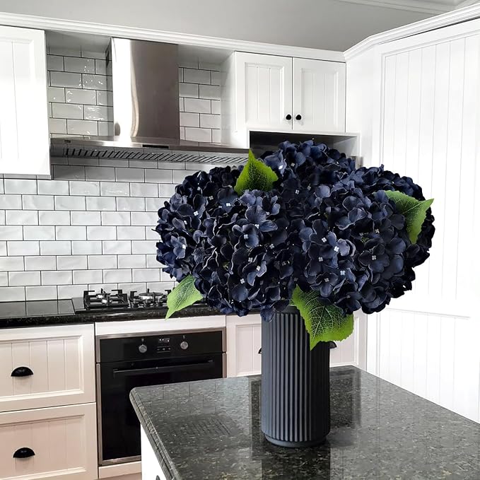 JINWOE Dark Navy Blue Silk Hydrangea,5Pcs 20Inch Full Large Artificial Flower Heads with Stems Fake Hydrangeas Flowers for DIY Wedding Centerpiece Home Decor
