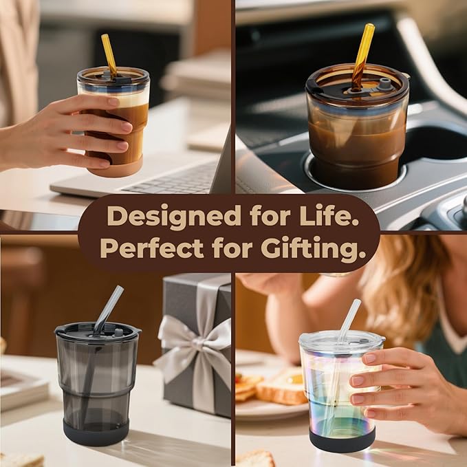 13 Oz Glass Cups with Lids and Straws, Reusable Iced Coffee Water Tumblers, Sealed Carry-On Thick Wall Drinking Cups for Cold Brew, Smoothie, Juice (2 Pack-Amber)