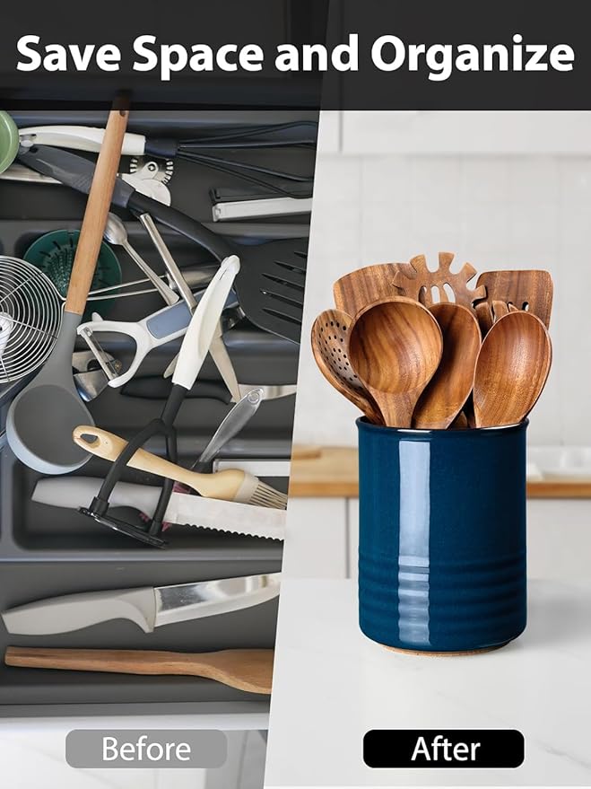 ABRUTY Utensil Holder, 6.7" Ceramic Kitchen Utensil Crock for Countertop Cooking, Modern Utensil Caddy Jar Organizer for Farmhouse Kitchen Counter Décor, Flambe Blue