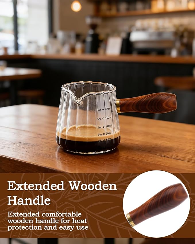 Espresso Measuring Cup, 6oz Borosilicate Glass Espresso Cups with Wood Handle (2.71in Long Grip), V-Shaped Spout Ribbed Milk Frothing Cup for Coffee, Latte, Tea, Syrup – Dishwasher Safe