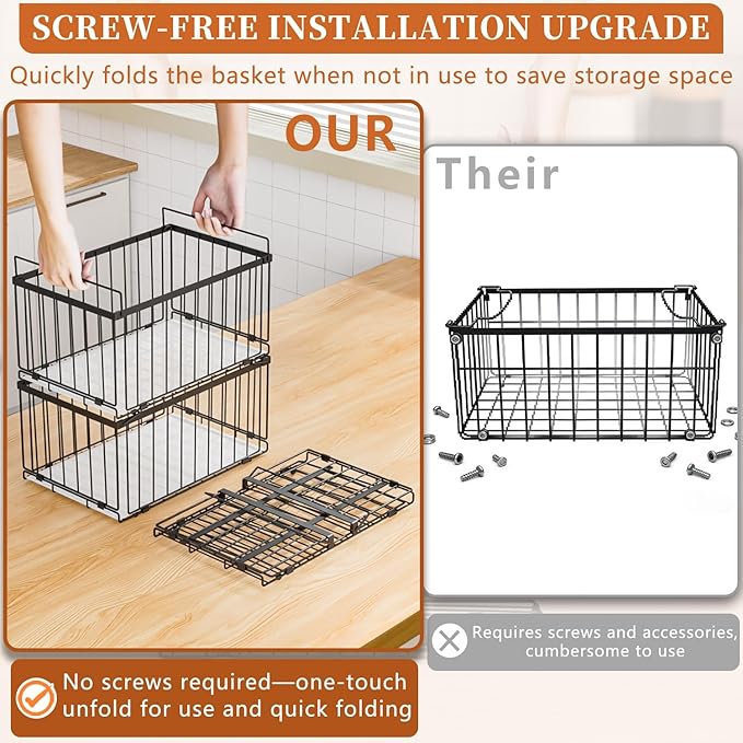 Large Freezer Organizer Bins, Upgrade One-Touch Open/Close, for 5-9 Cu.Ft Deep Freezer, 3 Pack Stackable Deep Freezer Organizer Bins, Black Wire Foldable Baskets (Black 3 Pack)