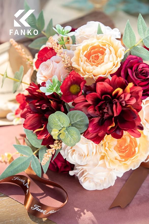 FANKO Artificial Flowers for DIY Bouquet, Faux Rose Combo Burgundy Red Peach Orange, Fake Flower Rose Dahlia Ranunculus for Vase, Floral Arrangement, Centerpieces, Wedding, Home Decor, Party
