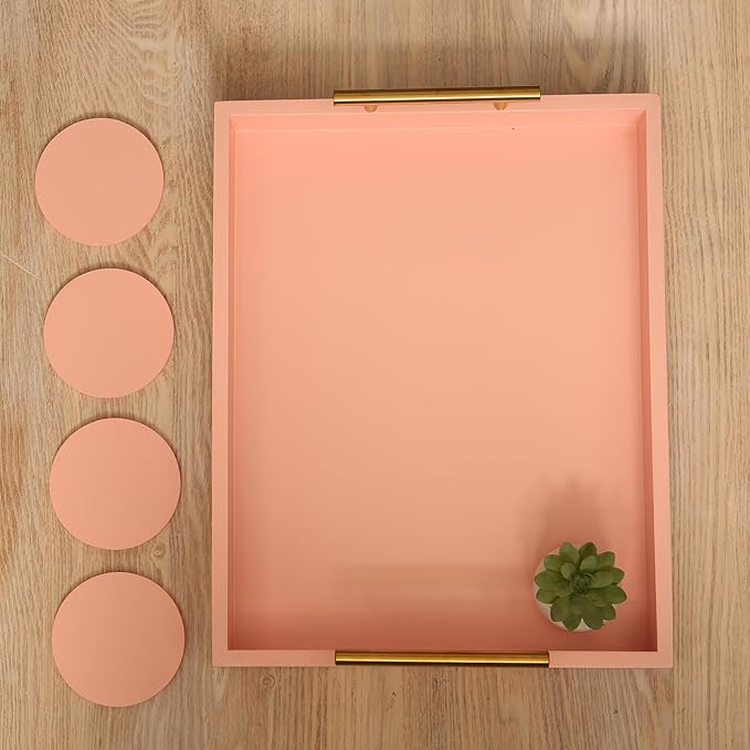 Serving Tray 16.5“X 13“ Deluxe Wooden Ottoman Tray, Food Tray for Eating, Dinner Trays for Eating on Couch Coffee Table with Polished Gold Metal Handles-4 Round Coasters Included（Pink）