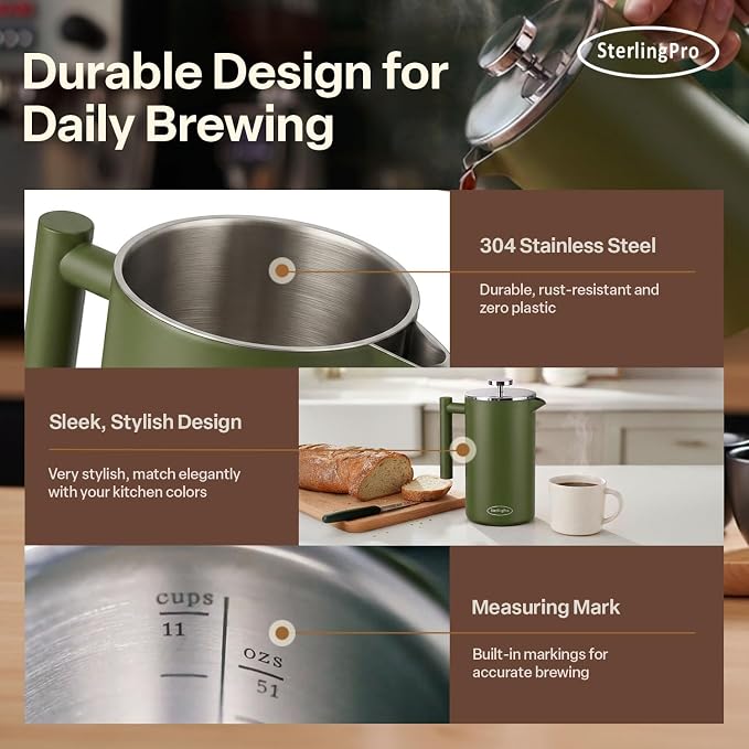 SterlingPro Non-Toxic Large Insulated Stainless Steel French Press Coffee Maker 51oz Capacity (44 oz Brew Yield) – Double Wall Metal Coffee Press | Cool-Touch | Green Finish | 12 Cups / 6 Mugs