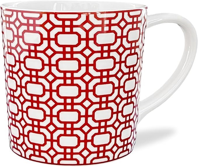 Caskata Newport Garden Gate Crimson Oversized Mugs Set of 4 | High-Design Lead-Free Porcelain Mug Set for Entertaining or Everyday | Unique Party Mugs for Wedding or Birthdays | 14 oz