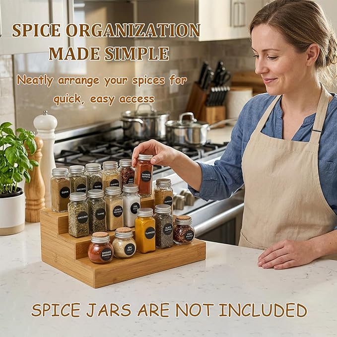 3 Tier Bamboo Spice Rack Organizer, Wooden Seasoning Organizer Shelf, 3 Tier Countertop Step Shelf for Kitchen Cabinet, Pantry, Countertop Organization, Desktop Display Shelf (2 Pack)