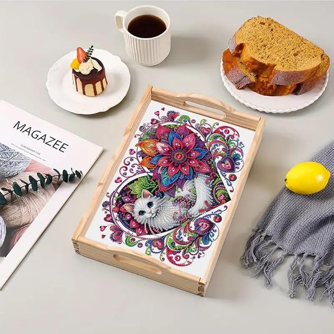 DIY Diamond Serving Tray Rectangular Breakfast Tray with Handle Handmade Diamond Art Painting Wooden Tray for Dinner Plate Coffee Room Living Home Organizer-Cat01