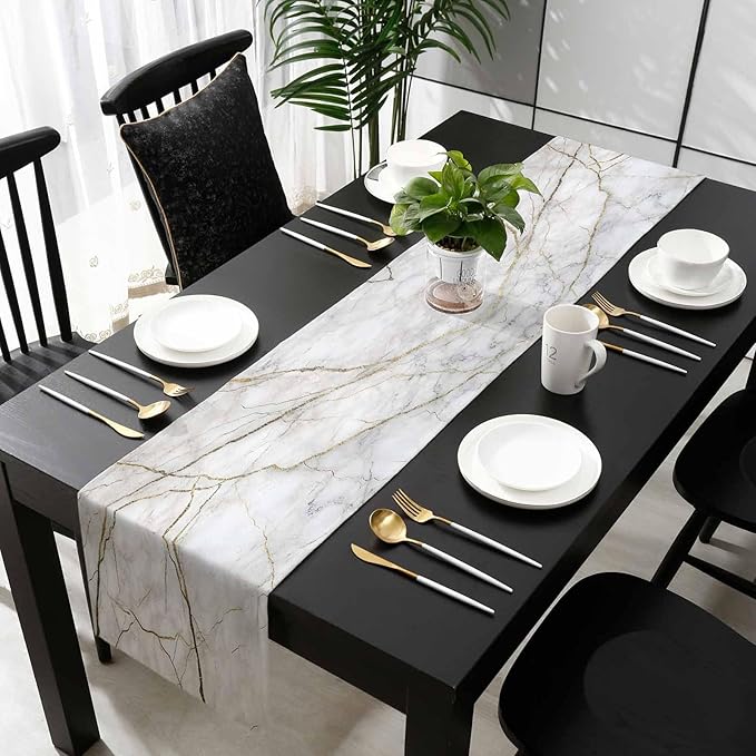 Marble Table Runner-Cotton Linen-Small 36 inches White Gray Gold Dresser Scarves,Texture Tablerunner for Kitchen Coffee/Dining/Sofa/End Table Bedroom Home Living Room,Scarf Decor for Holiday Dinner