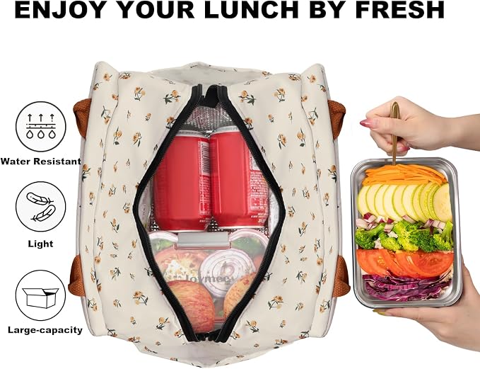 Joymee Insulated Lunch Box for Women Lunch Bag - Yellow Little Floral | Spacious Storage, Bottle Holder & Pockets, Leakproof Insulated, for Work, Travel, Picnic, Daily Use, for Adult