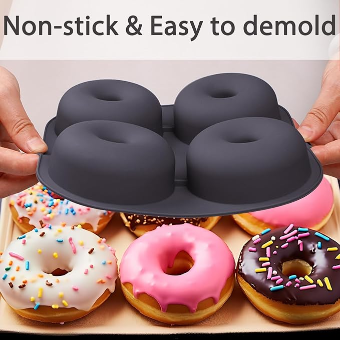 Silicone Donut Molds for Air Fryer, Set of 1, 4-Cavity Non-Stick Doughnut Pans with Carrying Handle, Doughnut Bagel Baking Tin for Muffins Cake, Dishwasher Safe, Grey