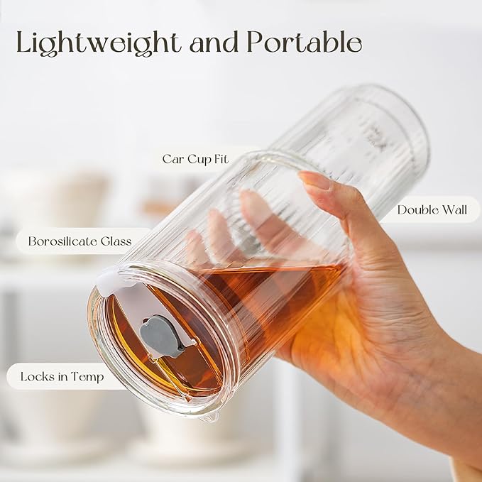 KEMORELA 28 oz Double Wall Glass Tumblers Set of 2, Extra-Wide 13mm Reusable Drinking Straws, Boba Tumbler, Wide-Mouth Water Cups for Iced Coffee, Smoothies, Boba & Tea Lovers (Ribbed)