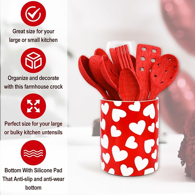 JarThenaAMCS Valentine's Day Ceramic Utensil Holder Red White Heart Utensil Crock for Wedding Home Kitchen Countertop Storage Organizer Container