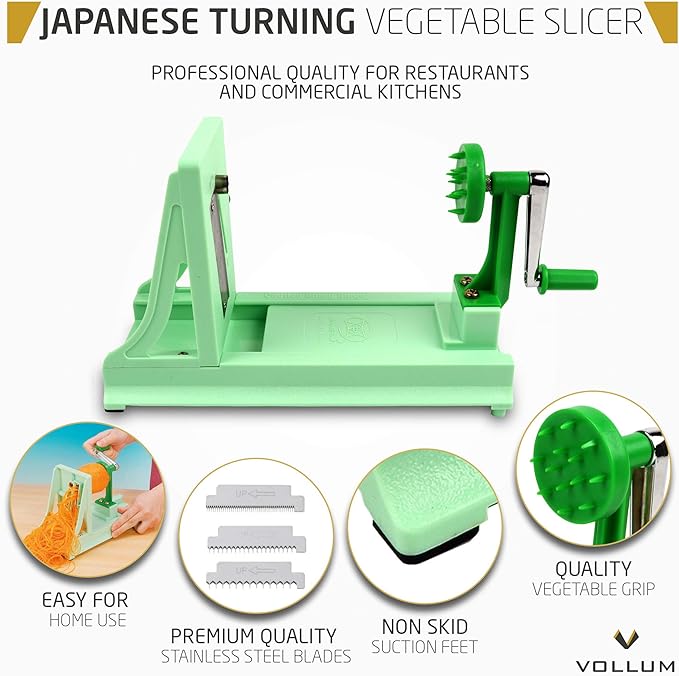 Vollum Japanese Turning Vegetable Spiralizer, Veggie Spiralizer For Fresh Zucchini, Squash, Butternut Squash with 1 Straight-Edged Blade and 3 Serrated Blades Multiple