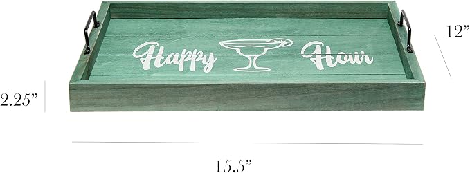 Elegant Designs HG2000-AHH Margarita Drinks Lime Bar Kitchen Wetbar Decorative Wood Serving Tray w/Handles, 15.50” x 12”, Aqua Wash Happy Hour