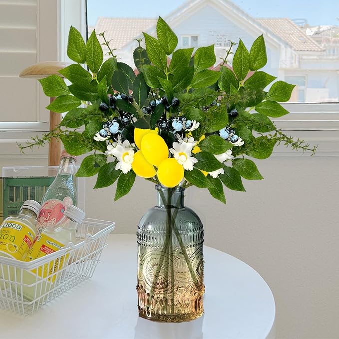 4PC Artificial Lemon Blueberry Branches with Vase for Home Decor Vivid Fake Lemon Twig Stem Bunch in Vase Summer Farmhouse Decor for Dining Table Centerpieces Office Coffee（Lemon）