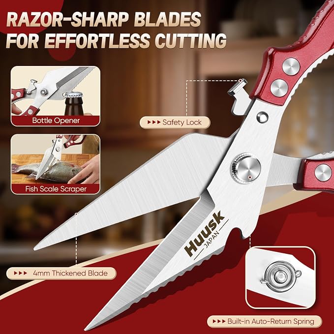 Huusk Heavy Duty Kitchen Shears Set – All Purpose Japanese Kitchen Scissors for Chicken, Meat, Fish, Vegetables & Pizza, Poultry Shears with Ergonomic Non-Slip Red Handle, Gifts for Women Men