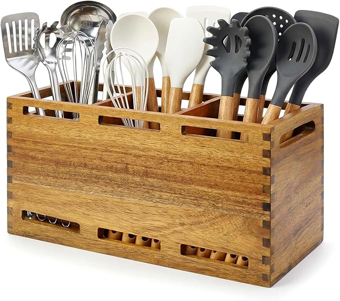 Extra Large Acacia Wood Utensil Holder for Kitchen Counter Decor Rustic Wooden Spatula Holders Cooking Utensils Organizer Countertop Silverware Caddy Spoon Kitchen Tool Holder Farmhouse Utensil Crock