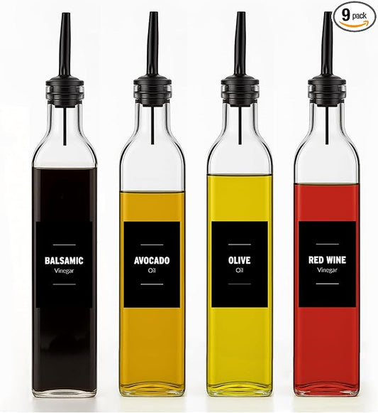 Olive Oil & Vinegar Dispenser Bottle Set with Stainless Steel Pourer, Funnel & Labels - Glass Kitchen Oil Cruet - Dispenser Bottle for Coffee Syrup, Soy Sauce, Cooking Sauces & More - 500ml - Set of 4