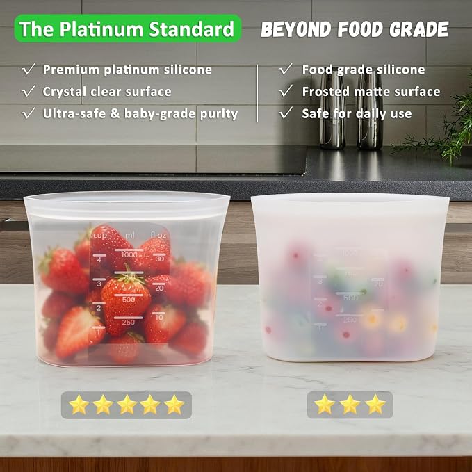 100% Platinum Silicone Reusable Storage Bags, 12 Pack, Premium Silicone Food Storage Bag Stand-Up Wide-Mouth Zip-Lock, Freezer Microwave Oven Dishwasher Safe, 4 M + 4 S + 4 XS, Crystal-Clear