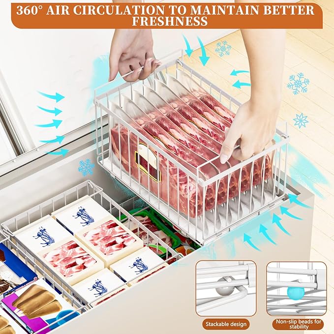 Large Freezer Organizer Bins, Upgrade One-Touch Open/Close, for 5-9 Cu.Ft Deep Freezer, 4 Pack Stackable Deep Freezer Organizer Bins, Black Wire Foldable Baskets White 4 Pack