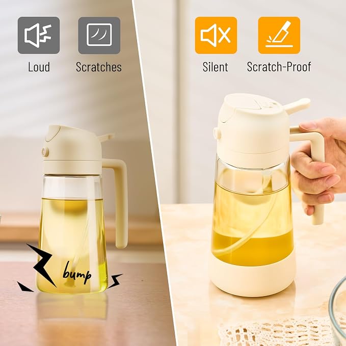 PARACITY Oil Dipenser Bottle with Silicone Bottom, 2 in 1 Olive Oil Sprayer and Dispenser, Oil Spray Bottle 500ML/ 17OZ for Cooking, Kitchen, BBQ, Air Fryer, Salad, Baking(1PC White)
