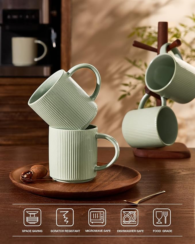 famiware Coffee Mug Set for 6, Star 16 oz Catering Mugs Cup Set with Handle for Coffee, Tea, Cocoa, Milk - Ceramic Stoneware Drinkware Set, Matte Green