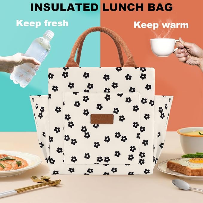 Joymee Insulated Lunch Box for Women Reusable Lunch Bag-Black Little Floral | Spacious Storage, Bottle Holder & Pockets, Leakproof Insulated, for Work, Travel, Picnic, Daily Use, for Adult