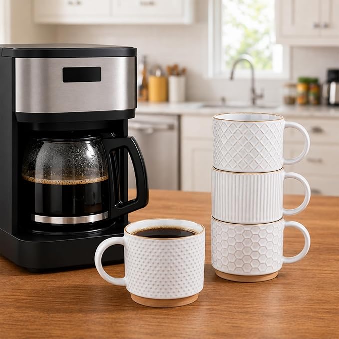 GBhome 15OZ Stackable Coffee Mugs, Ceramic Coffee Mugs with Texture Patterns for Man,Woman,Dad,Mom, Modern Coffee Mugs Set of 4 for Latte/Cappuccino/Cocoa. Dishwasher&Microwave Safe, Off White
