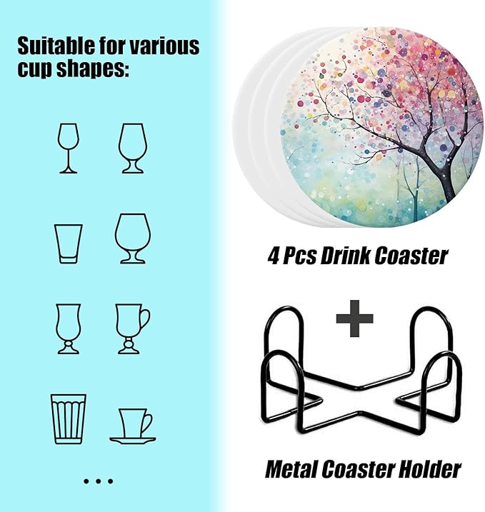 Llama Painting Tree Beautiful Set of 4 Ceramic Coasters with Holder,Absorbent Drink Bar Coasters,Table Coasters