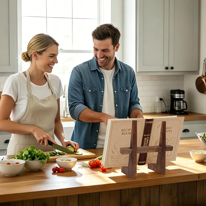 comfoyar Cookbook Stand for Kitchen Counter, Wooden Recipe Cook Book Holder, Rustic Brown Plate Display Stand, Picture Frame Holder for Dish Photo Plaque, Decorative Table Top Easels